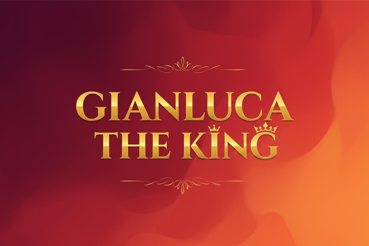 Banner to illustrate “Gianluca The King” with red orange gradient background 